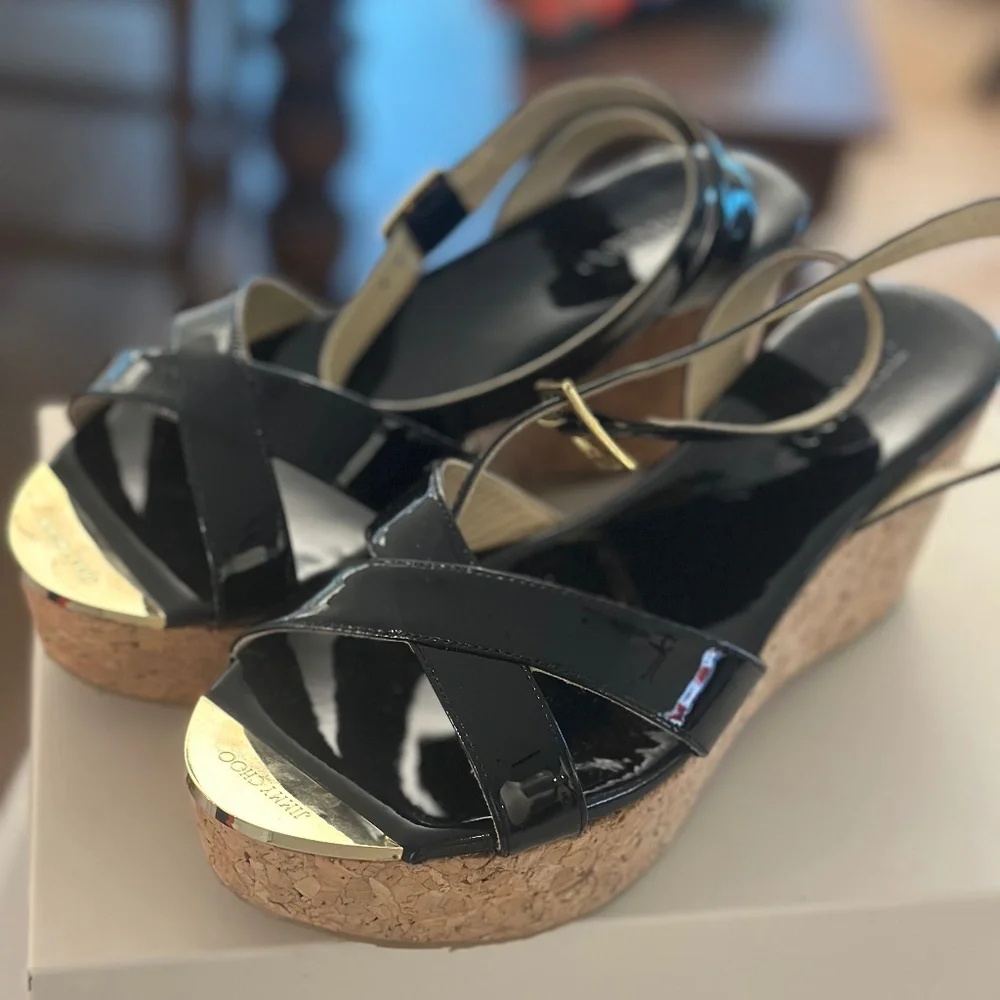 Jimmy Choo Black Patent Leather Cork Wedge Sandals with Gold Accents